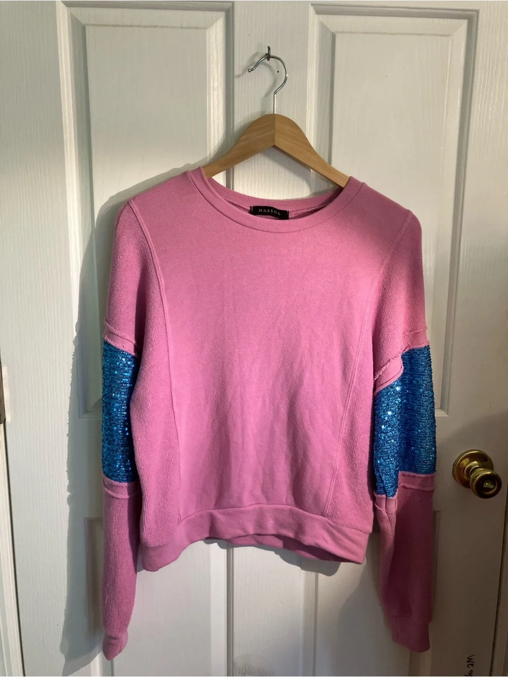 Narsha Pink Sweatshirt & Jogger Pajama Set with Blue Sequin Sleeves